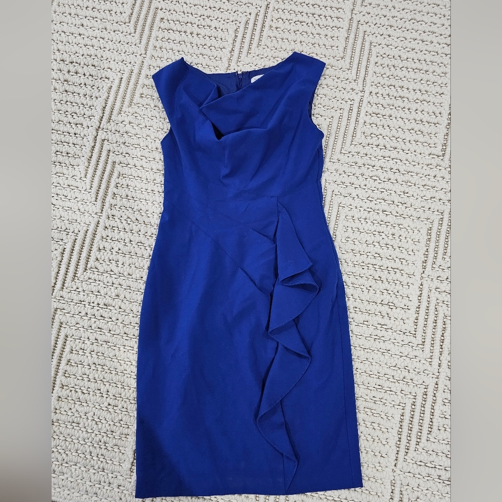 CALVIN KLEIN ROYAL BLUE RUFFLE DRESS SZ SMALL Cowl Neck